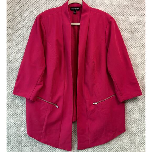 Lane Bryant Blazer 24 Fuchsia Pink Open Front Zip Pockets Mid Length 3/4 Sleeve - Picture 1 of 13